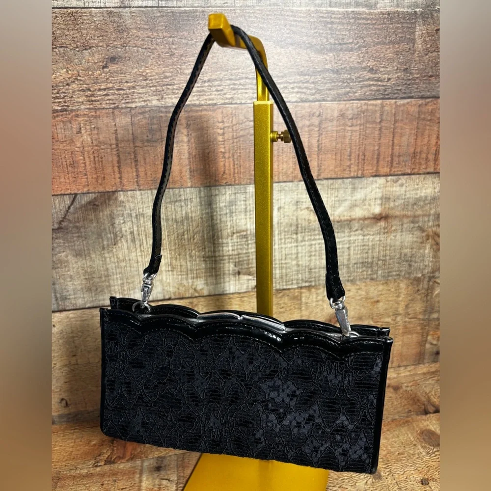 Brighton Lace & Patent Leather Mini Handbag Clutch Purse Kiss Lock Rhinestones